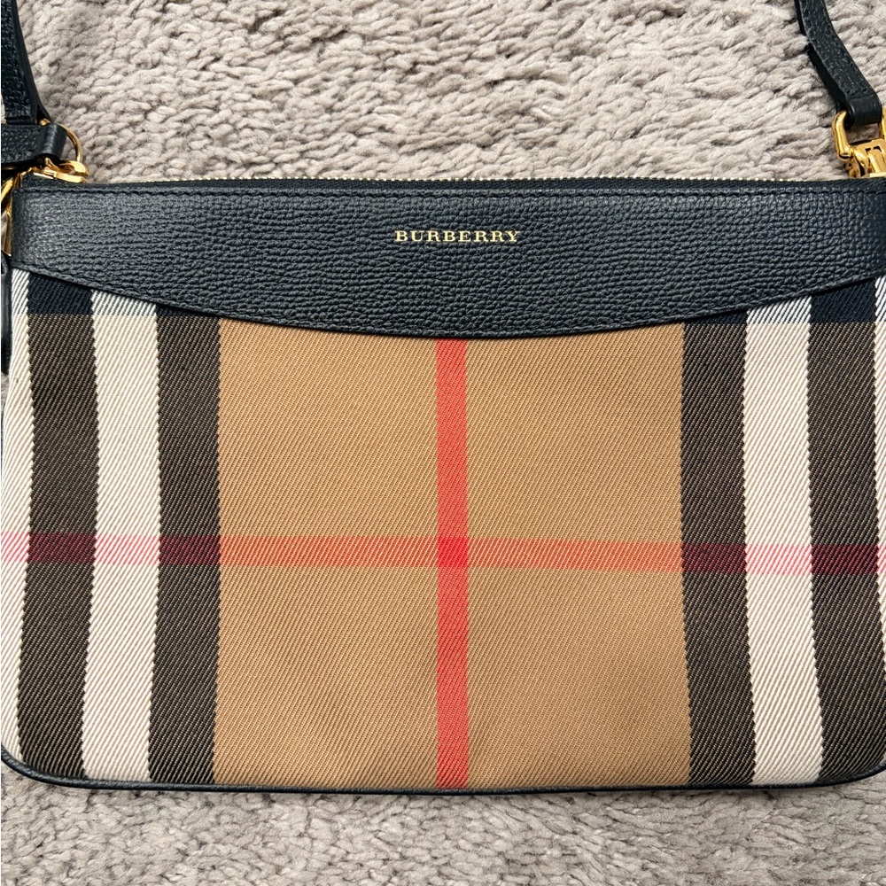 Authentic Burberry House Check Derby Bag with Black Leather Trim
